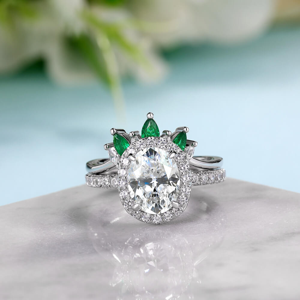 Oval Cut Diamond White 925 Sterling Silver Halo Crown Bridal Ring Set