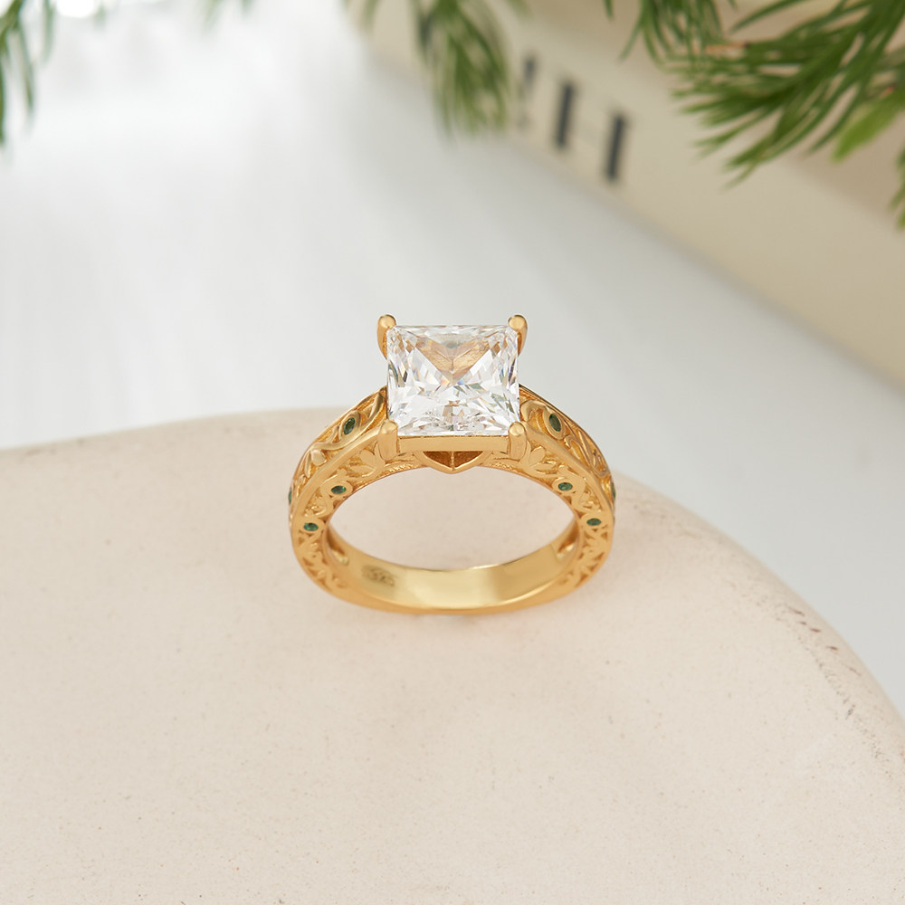 Princess Cut Diamond White Sterling Silver Yellow Gold Emerald Accents Engagement Ring