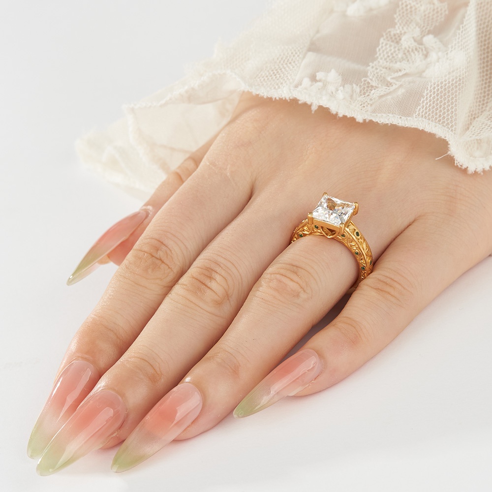 Princess Cut Diamond White Sterling Silver Yellow Gold Emerald Accents Engagement Ring