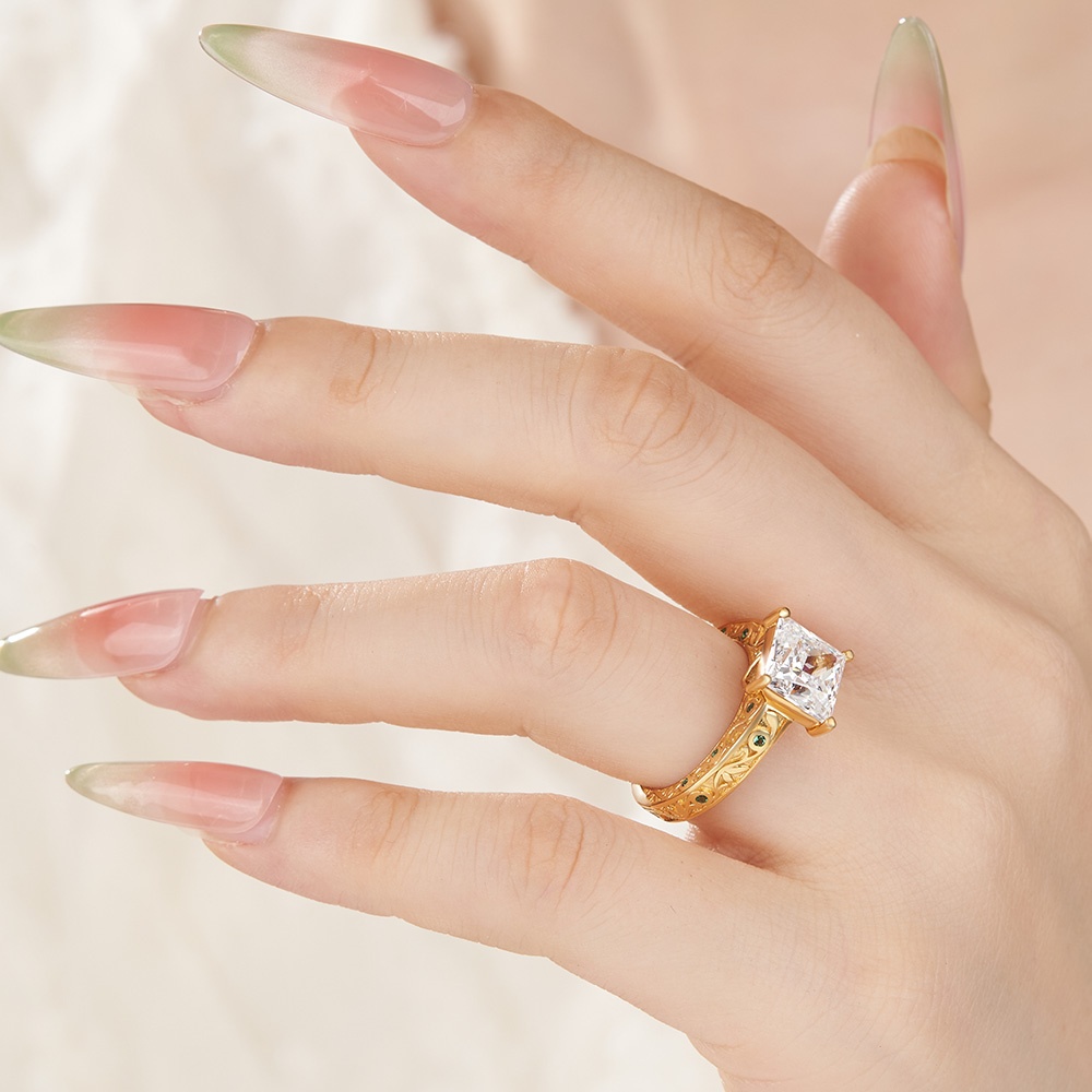Princess Cut Diamond White Sterling Silver Yellow Gold Emerald Accents Engagement Ring
