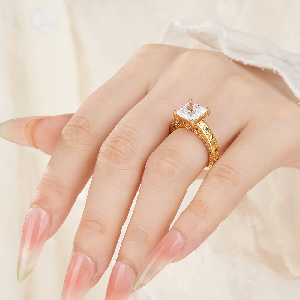 Princess Cut Diamond White Sterling Silver Yellow Gold Emerald Accents Engagement Ring