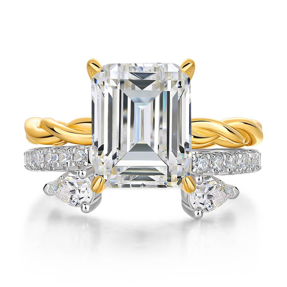 Emerald Cut Diamond White 925 Sterling Silver Yellow Gold Twisted Bridal Ring Set