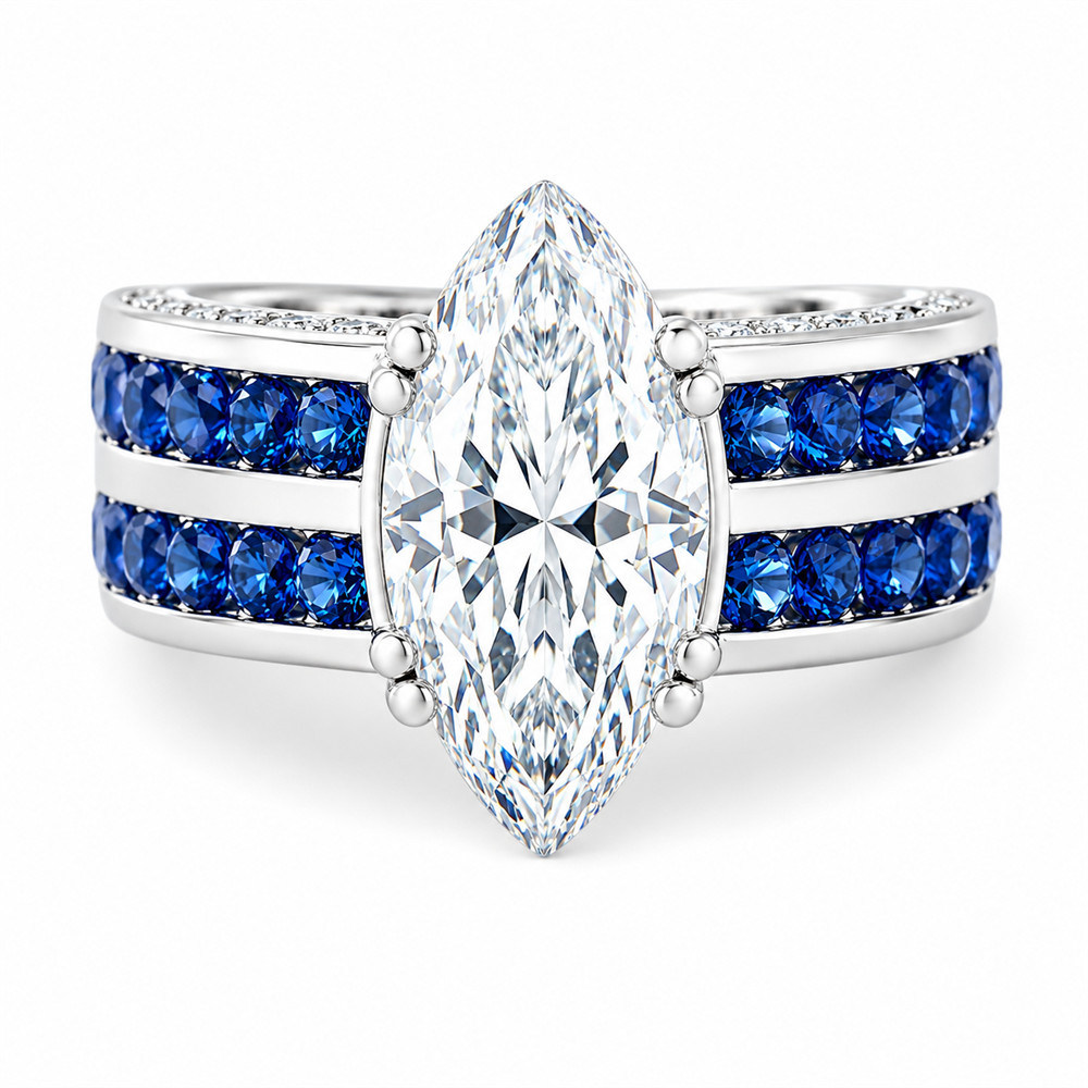 Marquise Cut Diamond White Sterling Silver Two Row Sapphire Blue Engagement Ring