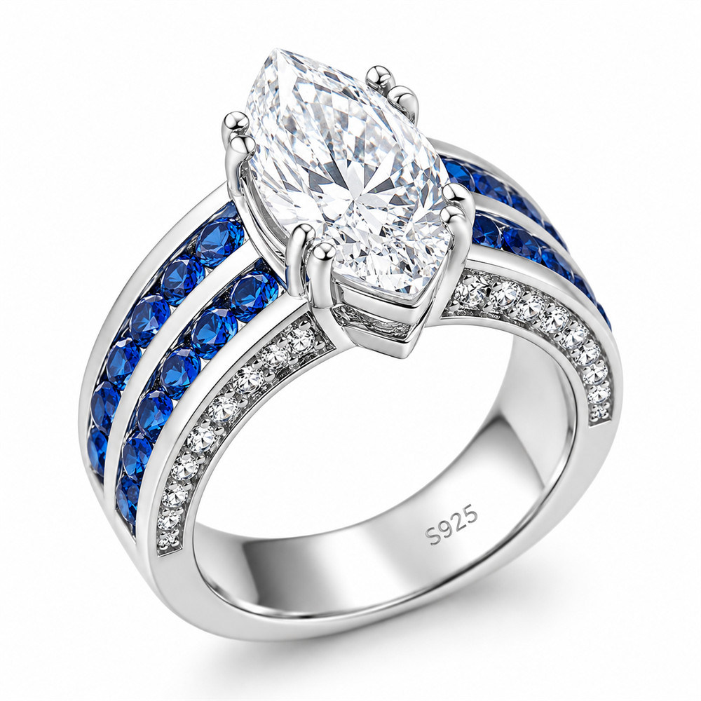 Marquise Cut Diamond White Sterling Silver Two Row Sapphire Blue Engagement Ring