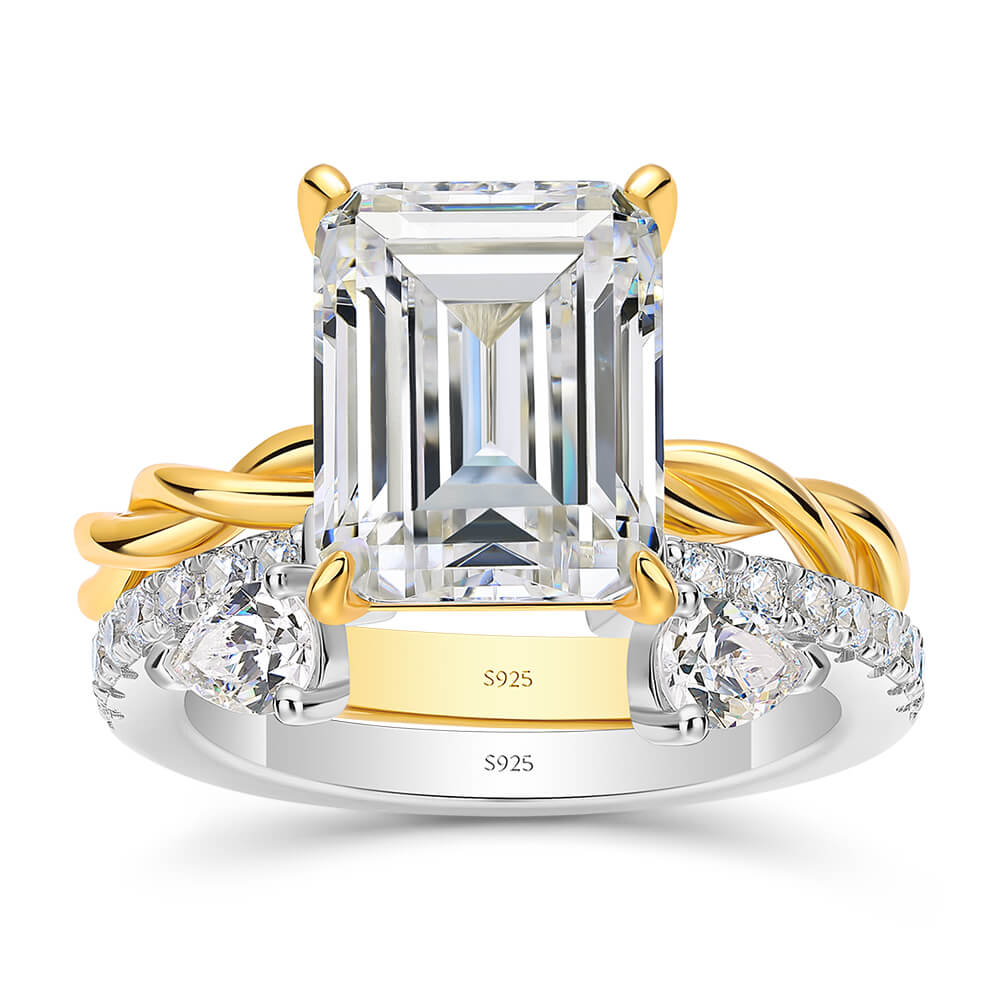 Emerald Cut Diamond White 925 Sterling Silver Yellow Gold Twisted Bridal Ring Set