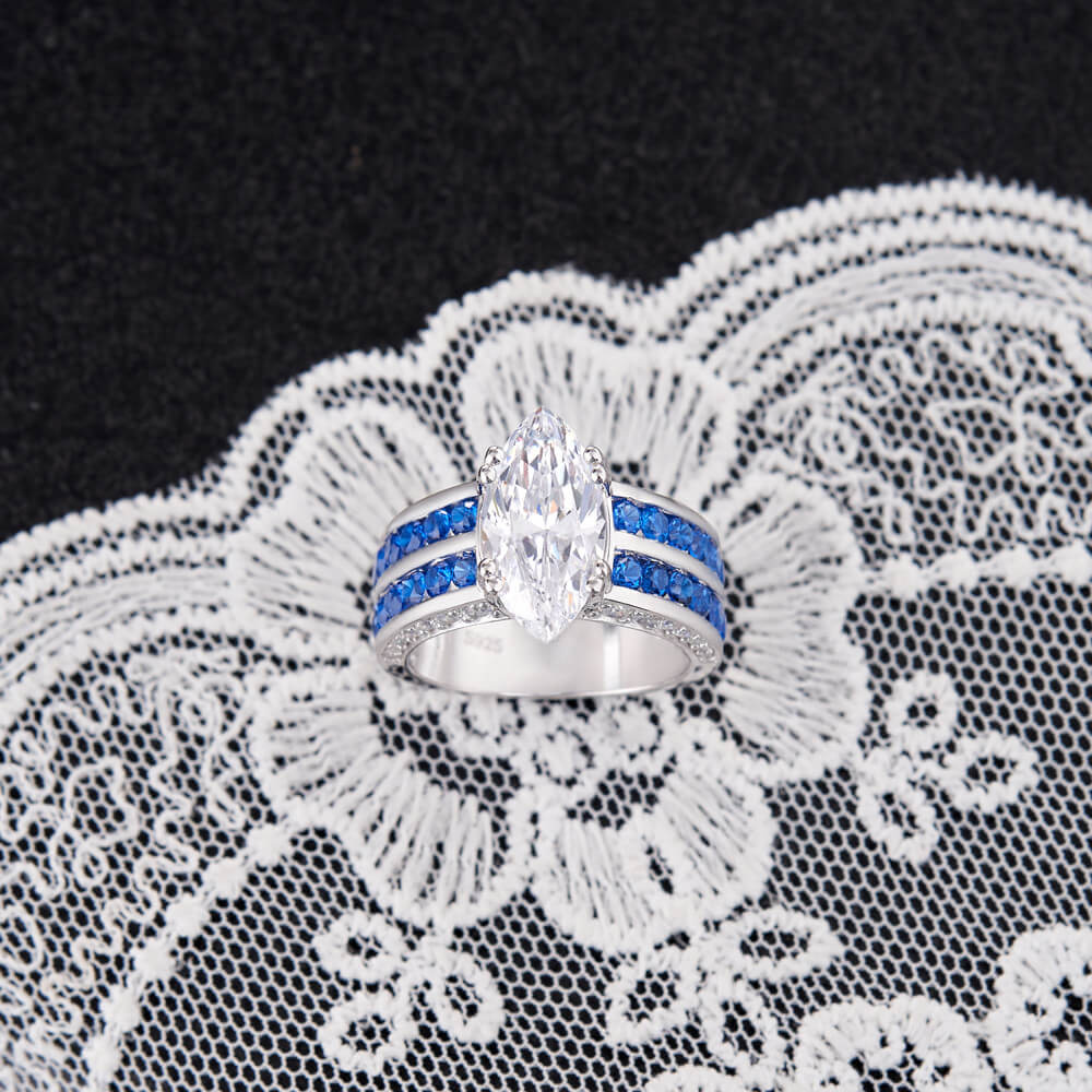 Marquise Cut Diamond White Sterling Silver Two Row Sapphire Blue Engagement Ring