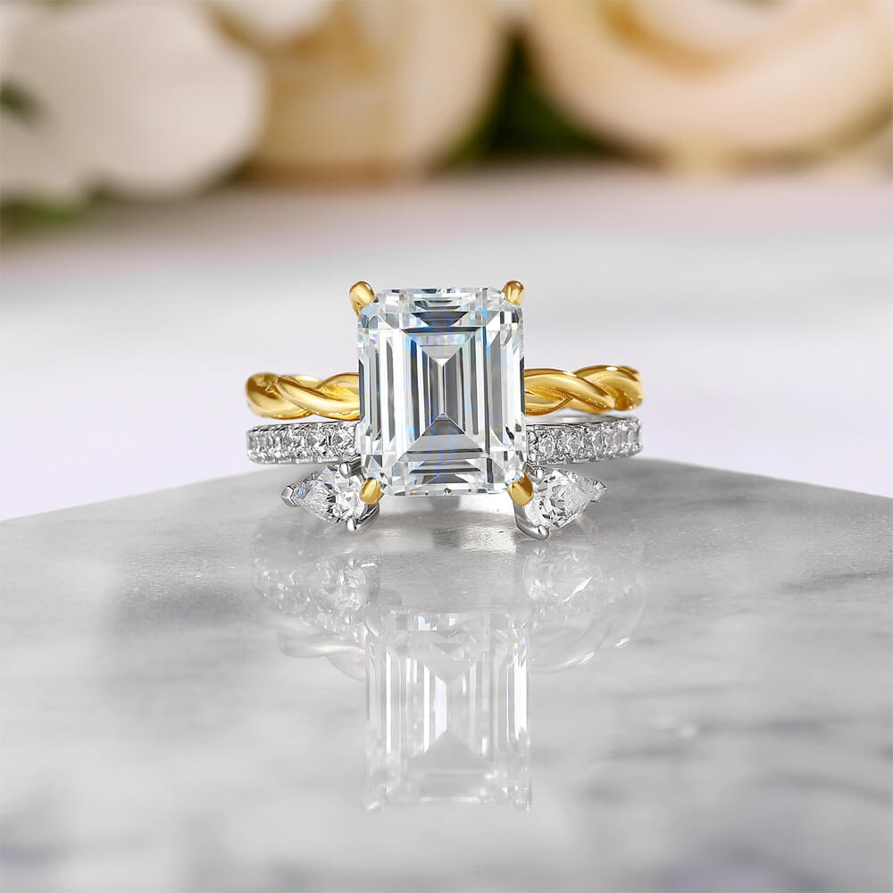 Emerald Cut Diamond White 925 Sterling Silver Yellow Gold Twisted Bridal Ring Set