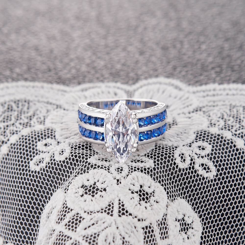Marquise Cut Diamond White Sterling Silver Two Row Sapphire Blue Engagement Ring