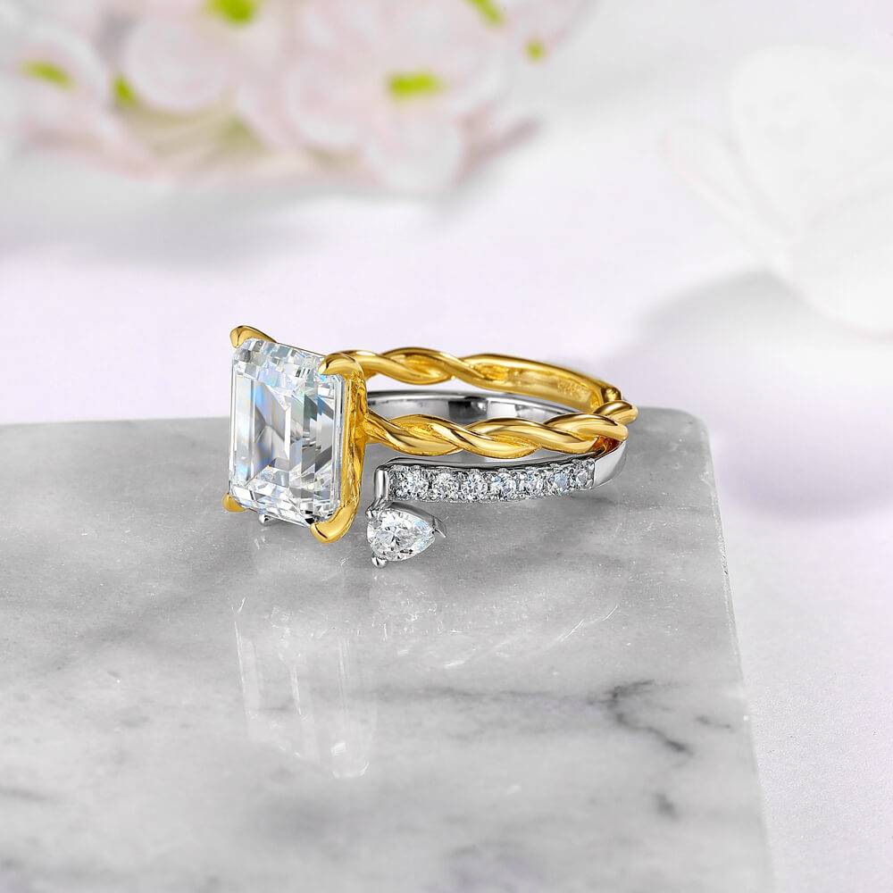 Emerald Cut Diamond White 925 Sterling Silver Yellow Gold Twisted Bridal Ring Set