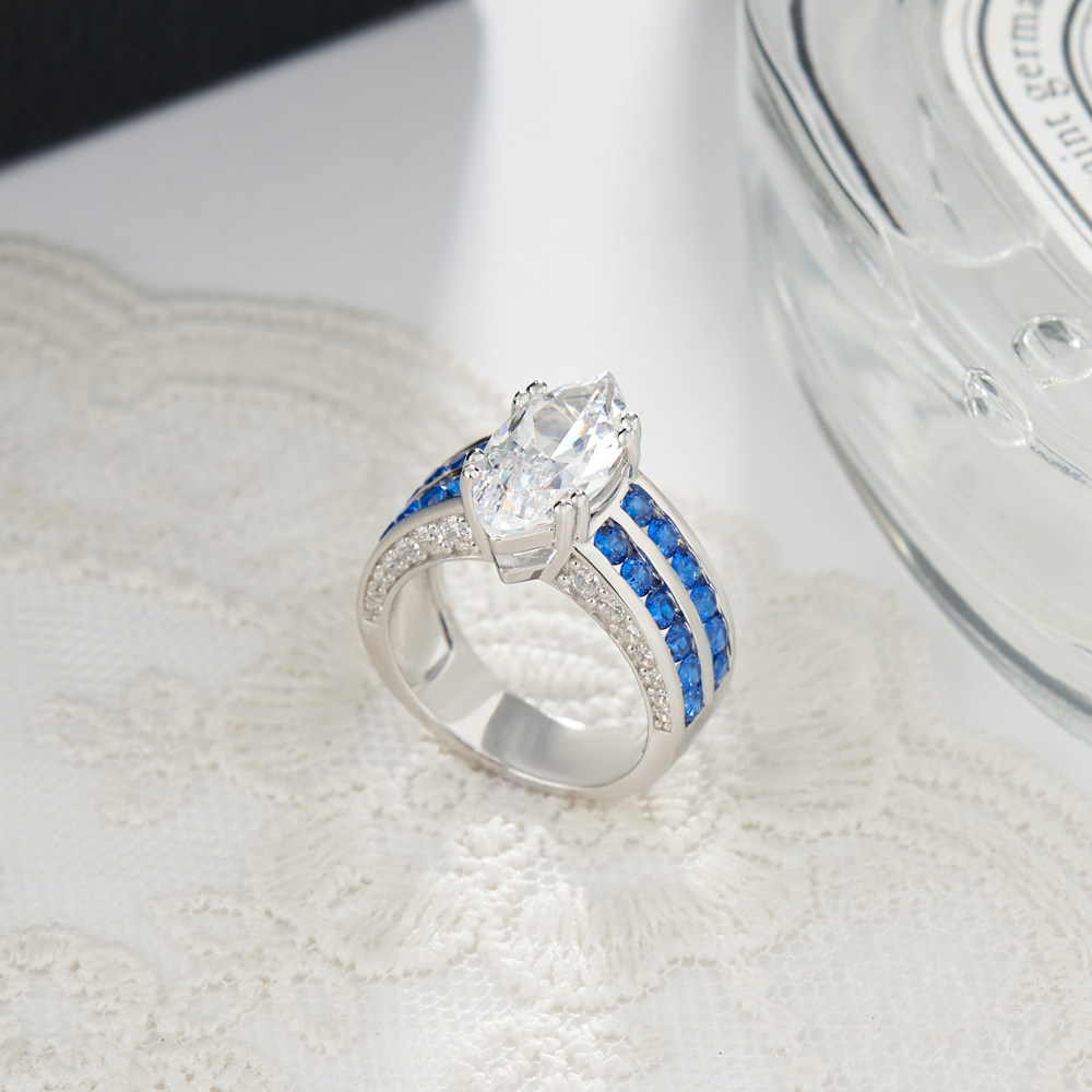 Marquise Cut Diamond White Sterling Silver Two Row Sapphire Blue Engagement Ring