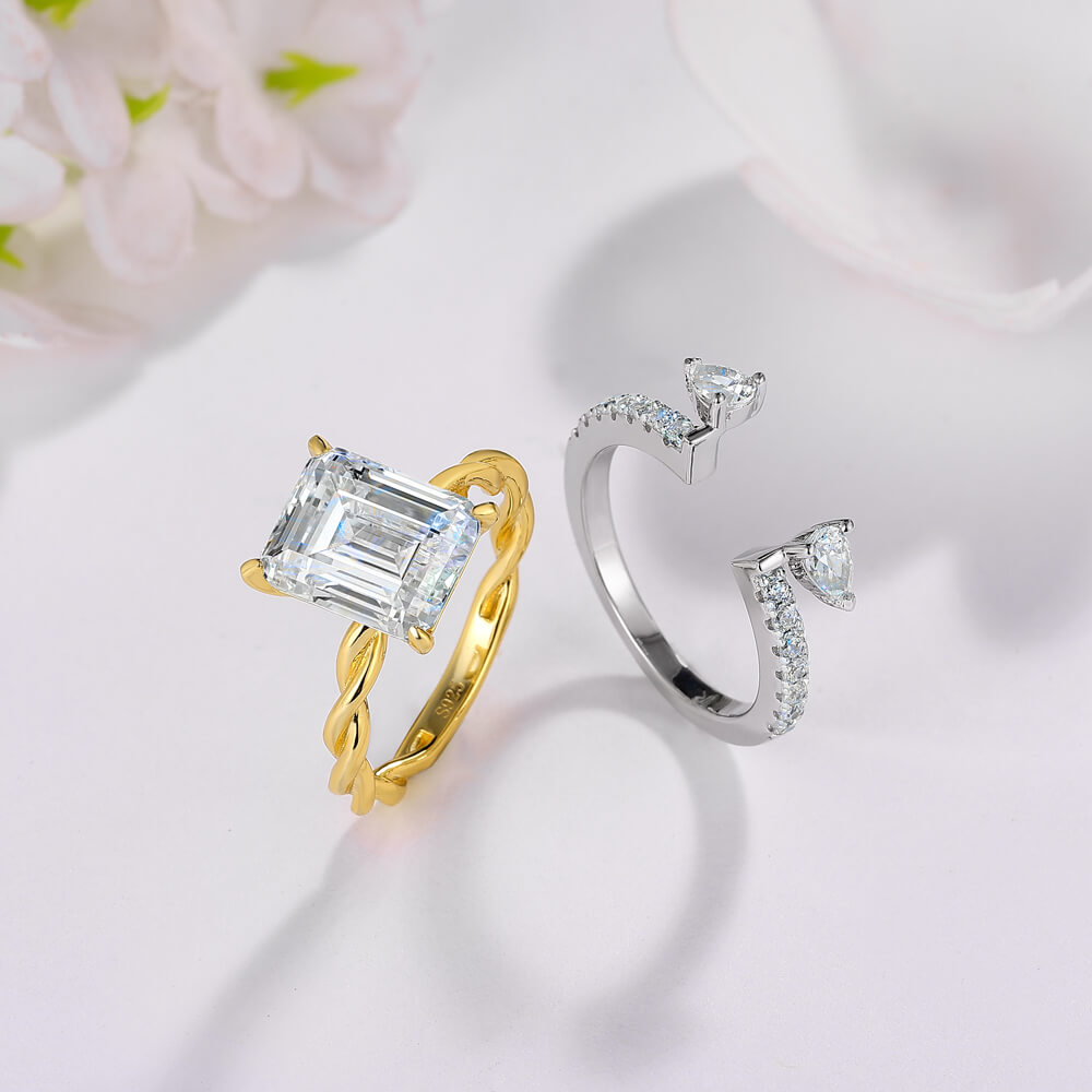 Emerald Cut Diamond White 925 Sterling Silver Yellow Gold Twisted Bridal Ring Set