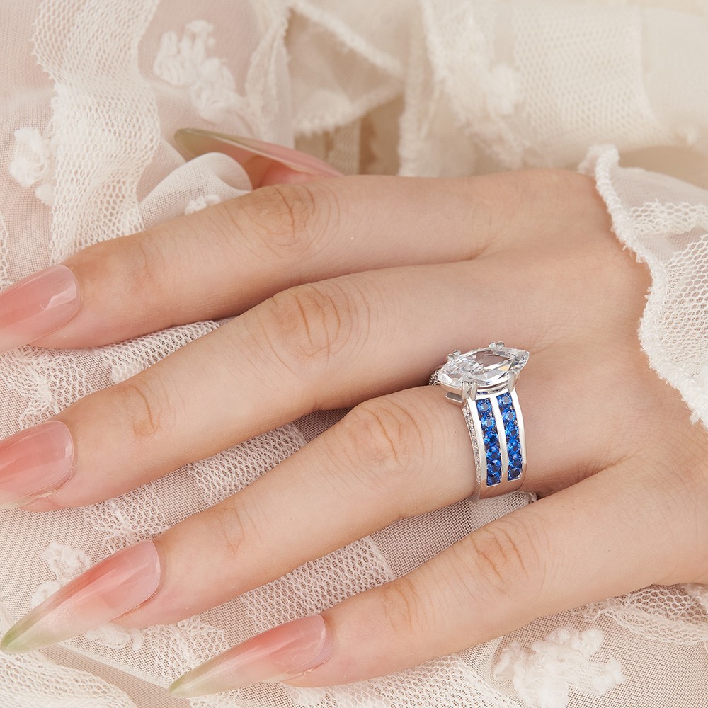 Marquise Cut Diamond White Sterling Silver Two Row Sapphire Blue Engagement Ring
