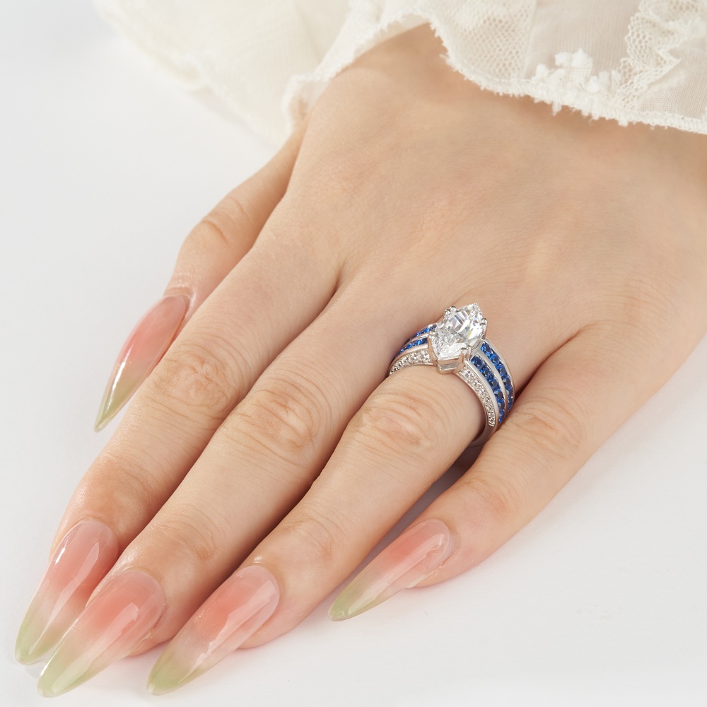 Marquise Cut Diamond White Sterling Silver Two Row Sapphire Blue Engagement Ring