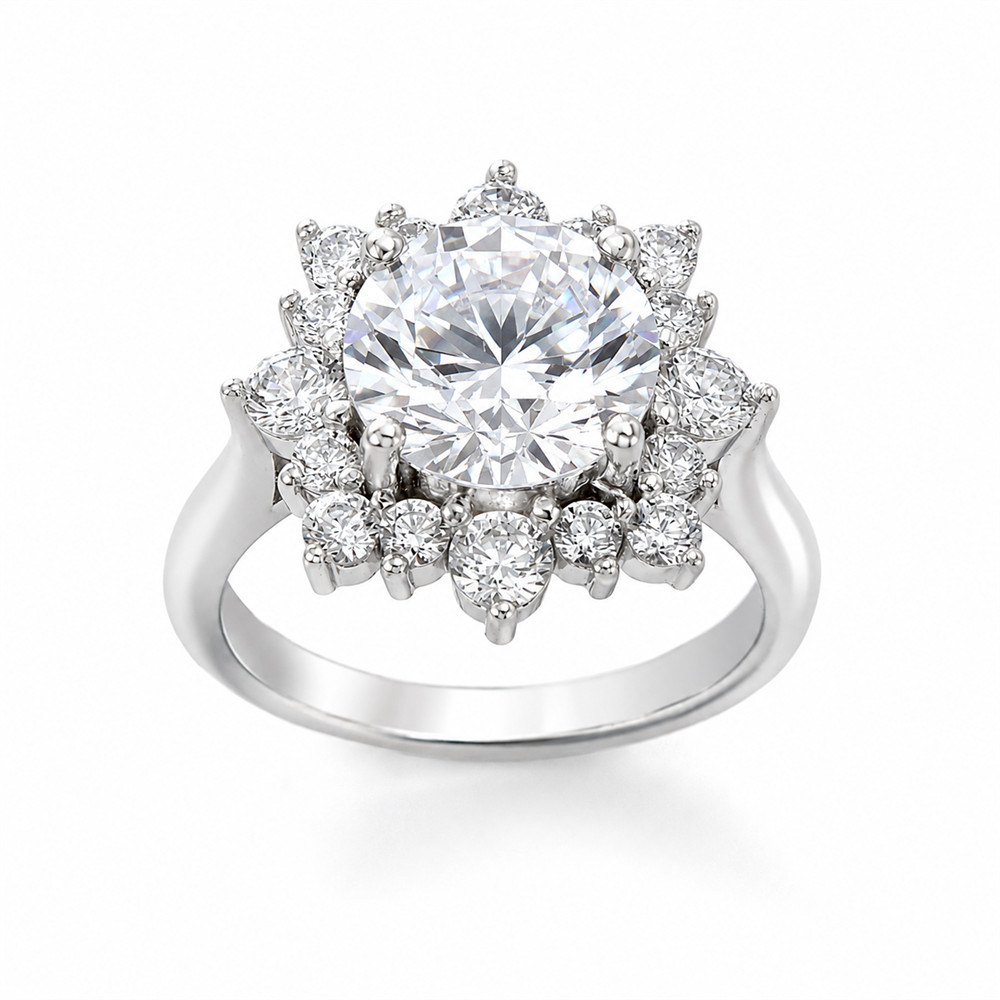 Round Cut Diamond White Sterling Silver Halo Engagement Ring