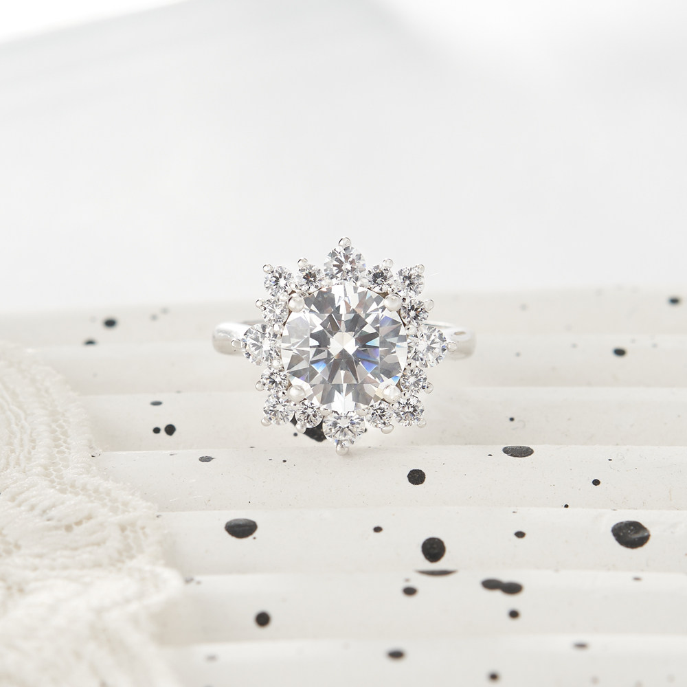 Round Cut Diamond White Sterling Silver Halo Engagement Ring