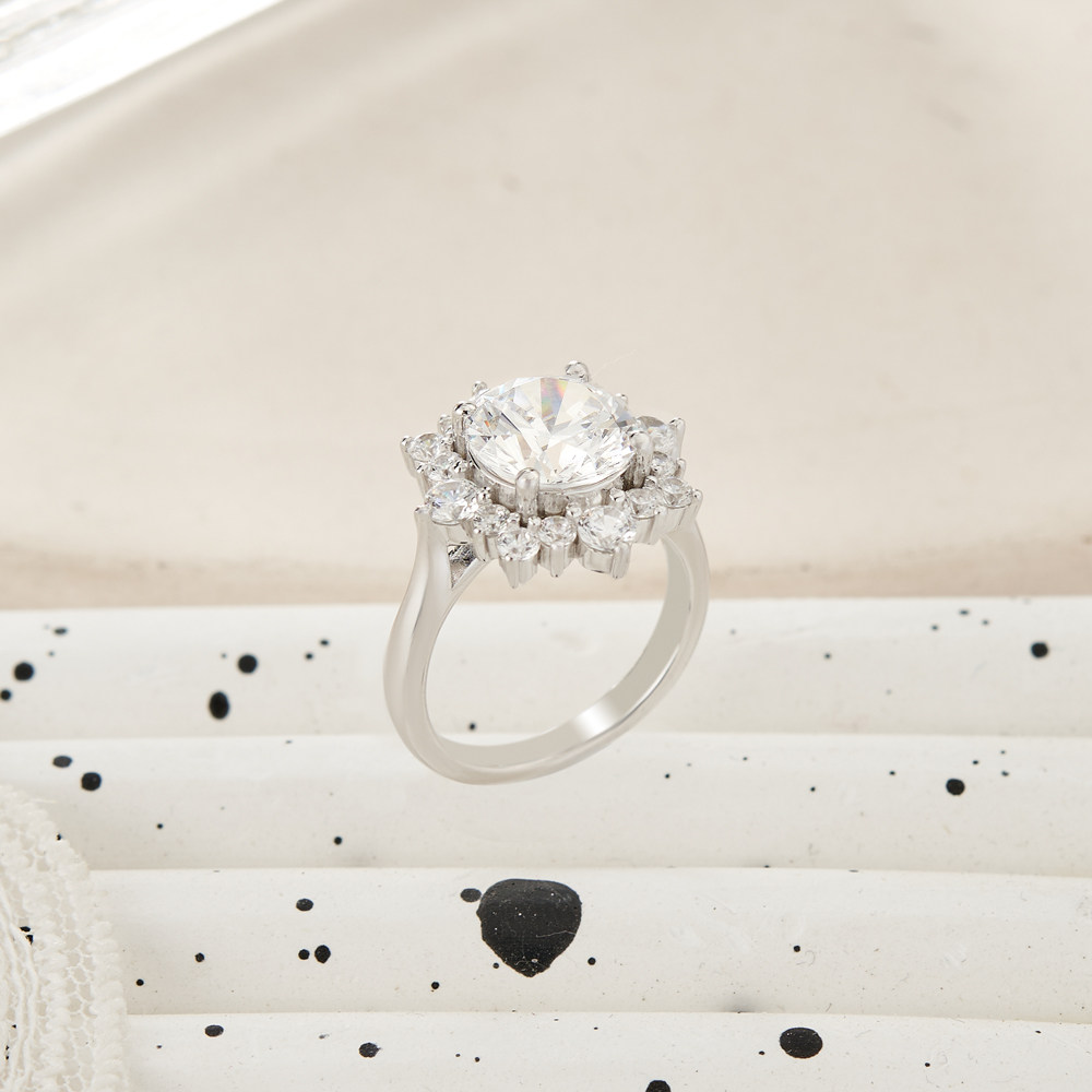 Round Cut Diamond White Sterling Silver Halo Engagement Ring