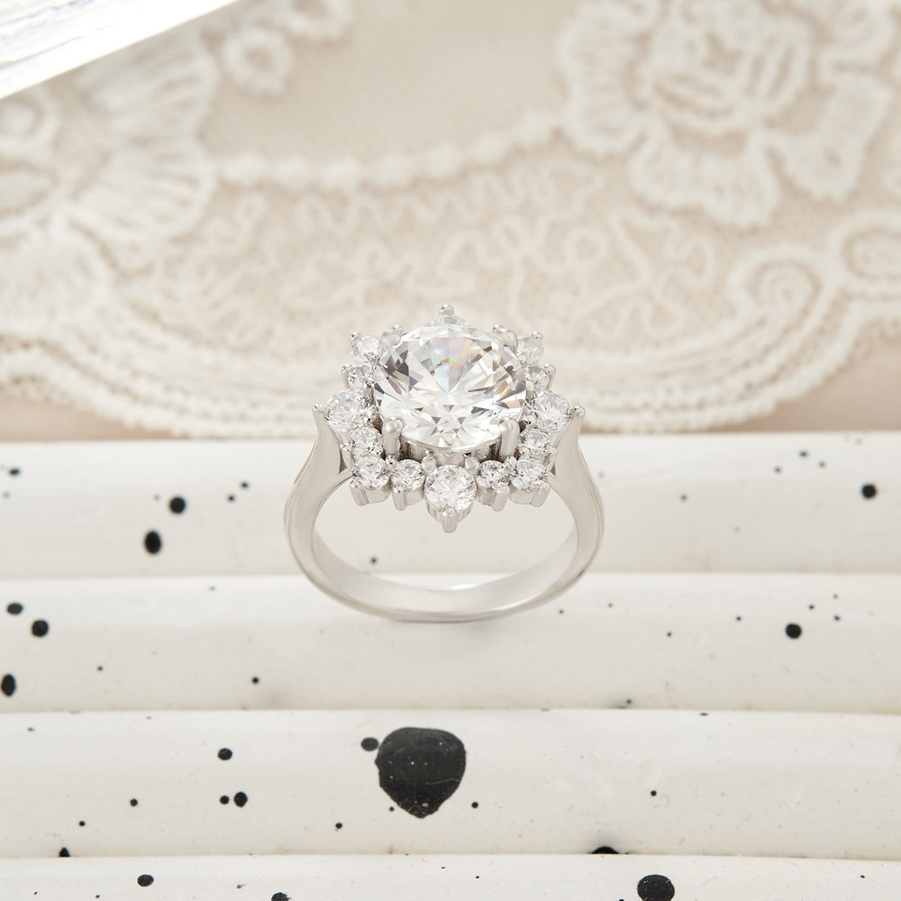 Round Cut Diamond White Sterling Silver Halo Engagement Ring