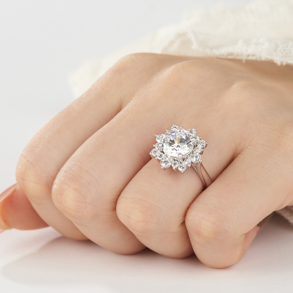 Round Cut Diamond White Sterling Silver Halo Engagement Ring