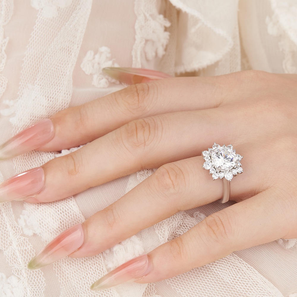 Round Cut Diamond White Sterling Silver Halo Engagement Ring
