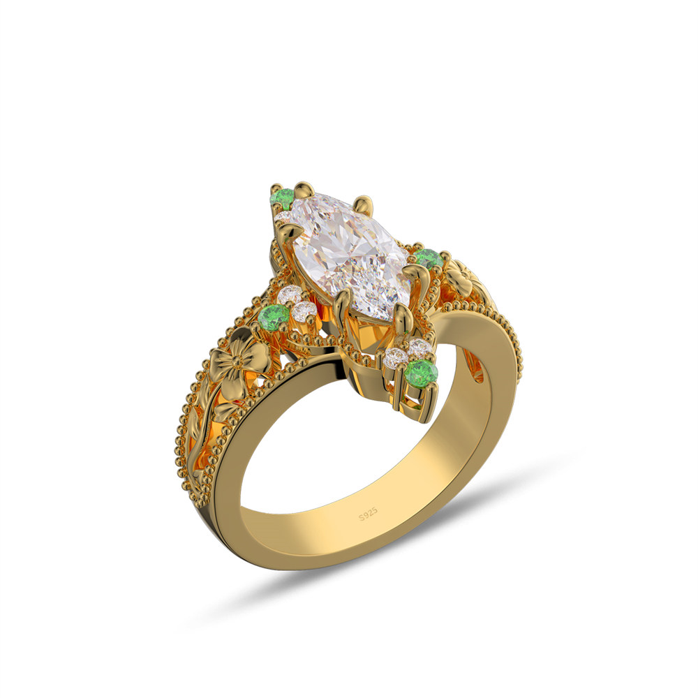 Marquise Cut Diamond White Sterling Silver Vintage Floral Engagement Ring