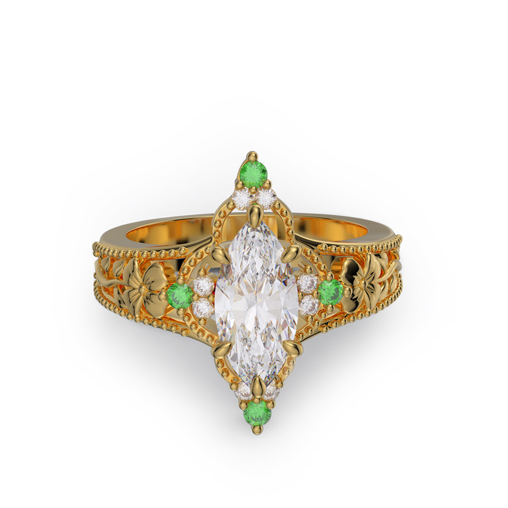 Marquise Cut Diamond White Sterling Silver Vintage Floral Engagement Ring
