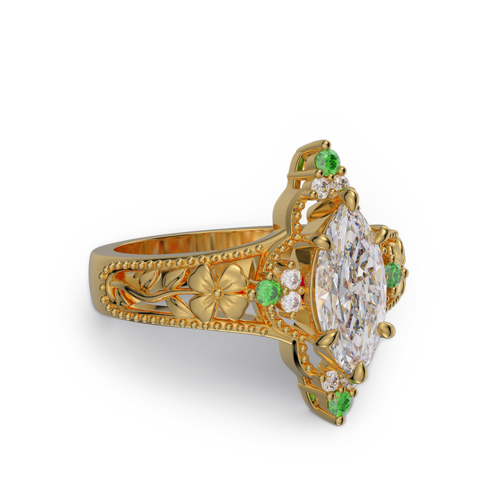 Marquise Cut Diamond White Sterling Silver Vintage Floral Engagement Ring