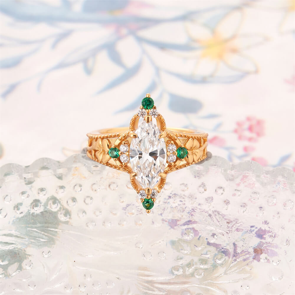 Marquise Cut Diamond White Sterling Silver Vintage Floral Engagement Ring