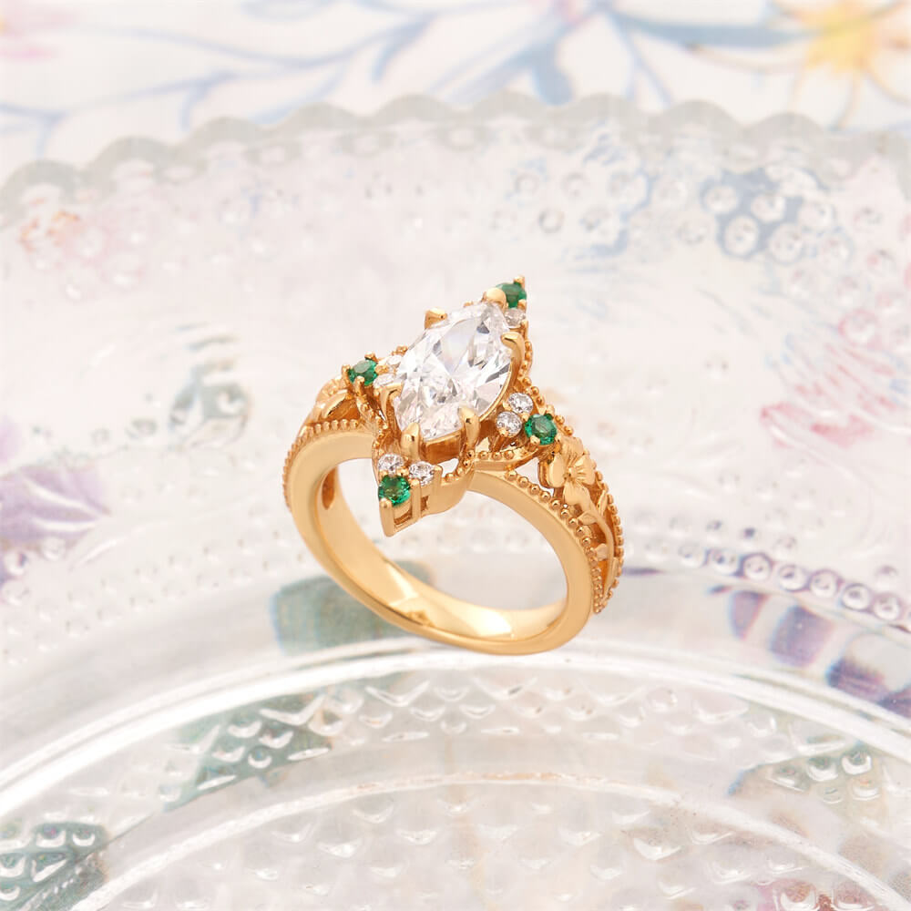 Marquise Cut Diamond White Sterling Silver Vintage Floral Engagement Ring