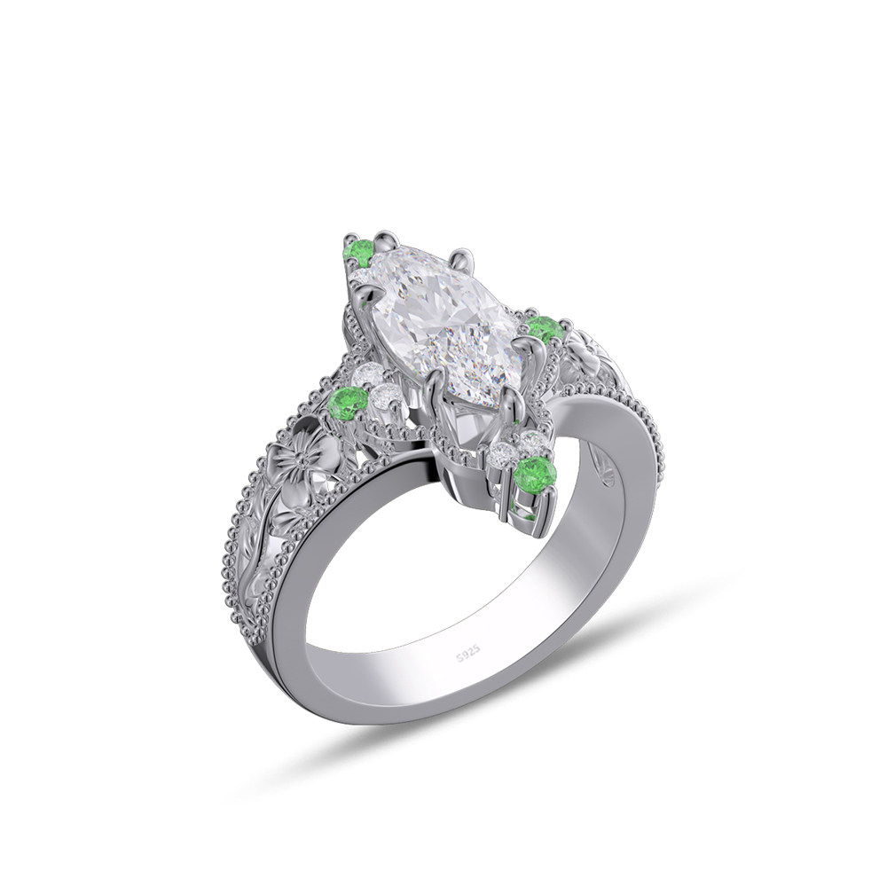 Marquise Cut Diamond White Sterling Silver Vintage Floral Engagement Ring
