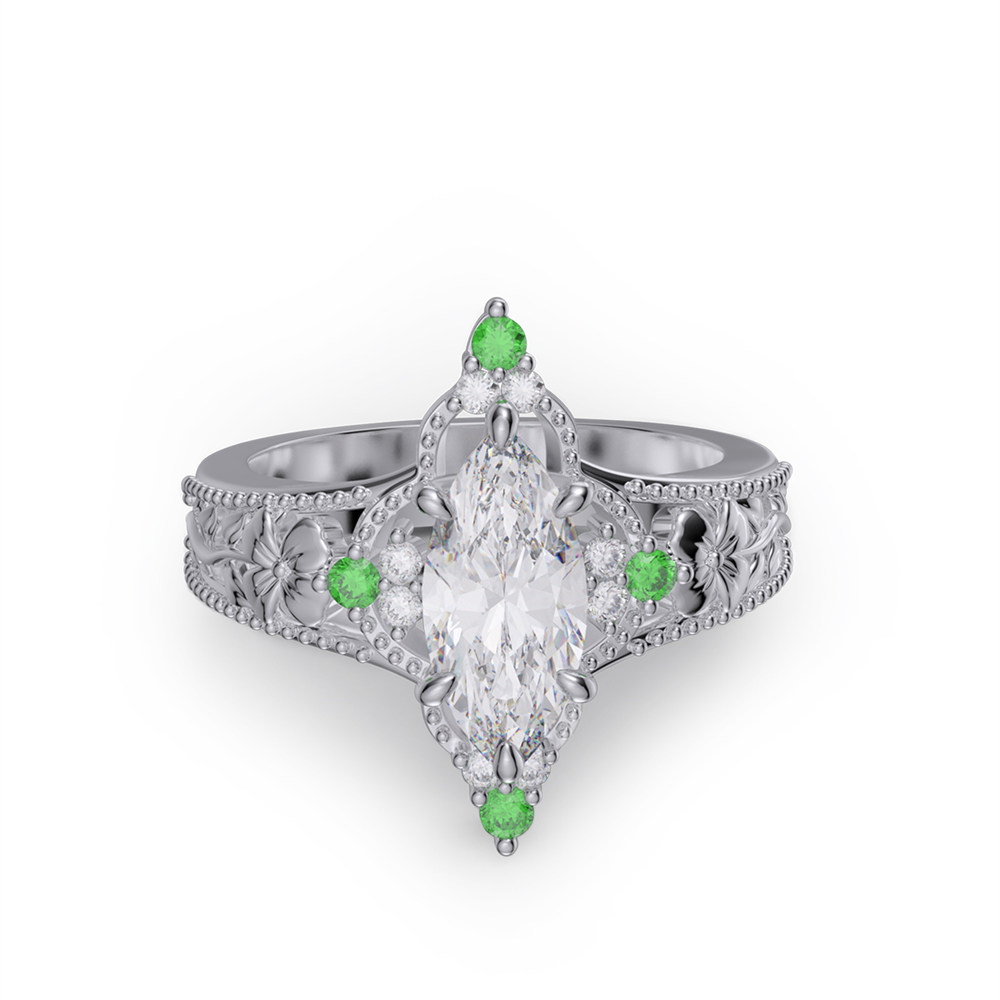Marquise Cut Diamond White Sterling Silver Vintage Floral Engagement Ring