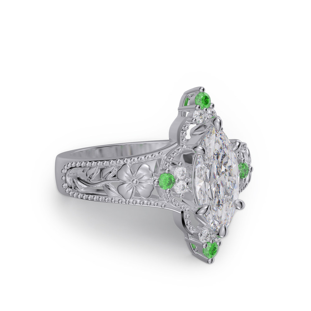Marquise Cut Diamond White Sterling Silver Vintage Floral Engagement Ring