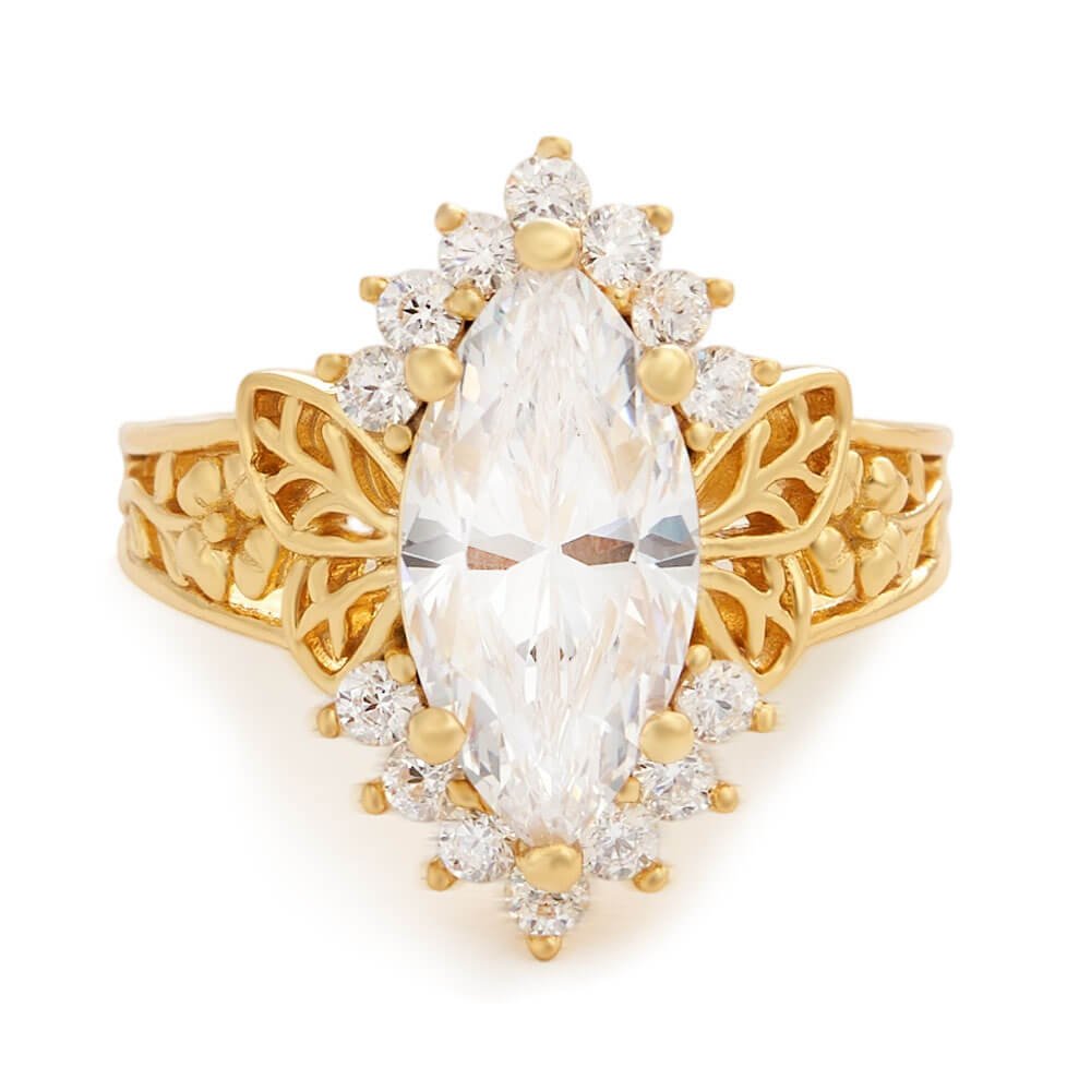 Yellow Gold Maruqise Cut Diamond White 925 Sterling Silver Butterfly & Floral Women's Ring