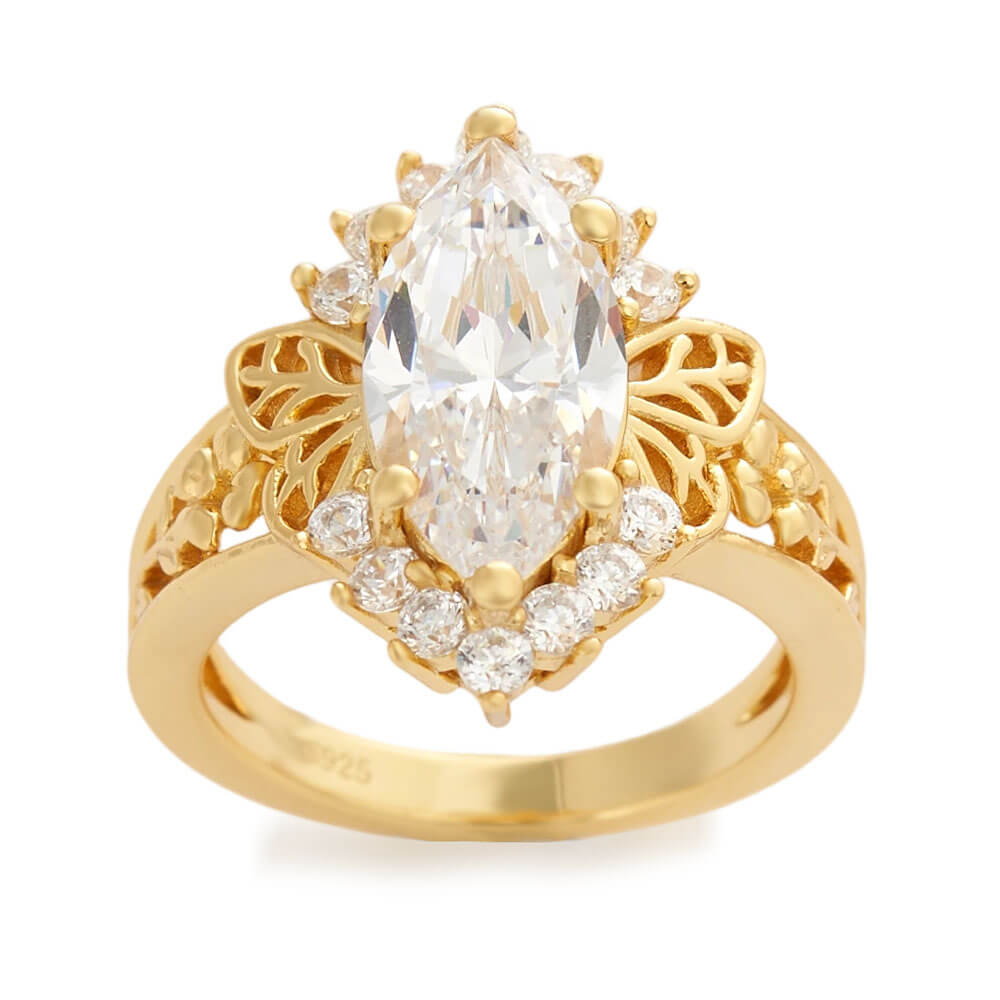 Yellow Gold Maruqise Cut Diamond White 925 Sterling Silver Butterfly & Floral Women's Ring