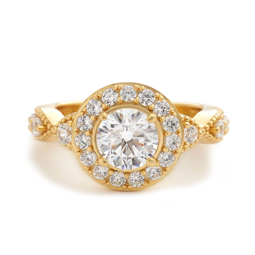 Vintage Yellow Gold Round Cut Diamond White Sterling Silver Twisted Halo Engagement Ring