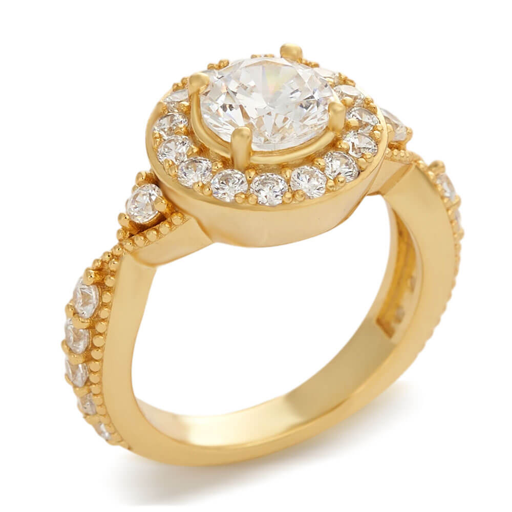 Vintage Yellow Gold Round Cut Diamond White Sterling Silver Twisted Halo Engagement Ring