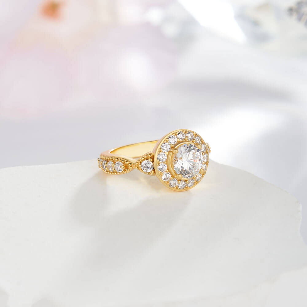 Vintage Yellow Gold Round Cut Diamond White Sterling Silver Twisted Halo Engagement Ring