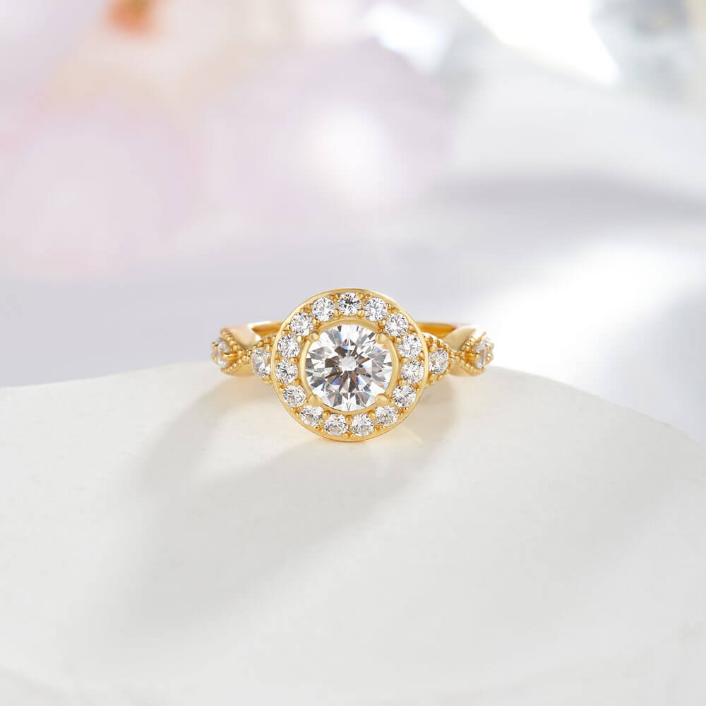 Vintage Yellow Gold Round Cut Diamond White Sterling Silver Twisted Halo Engagement Ring