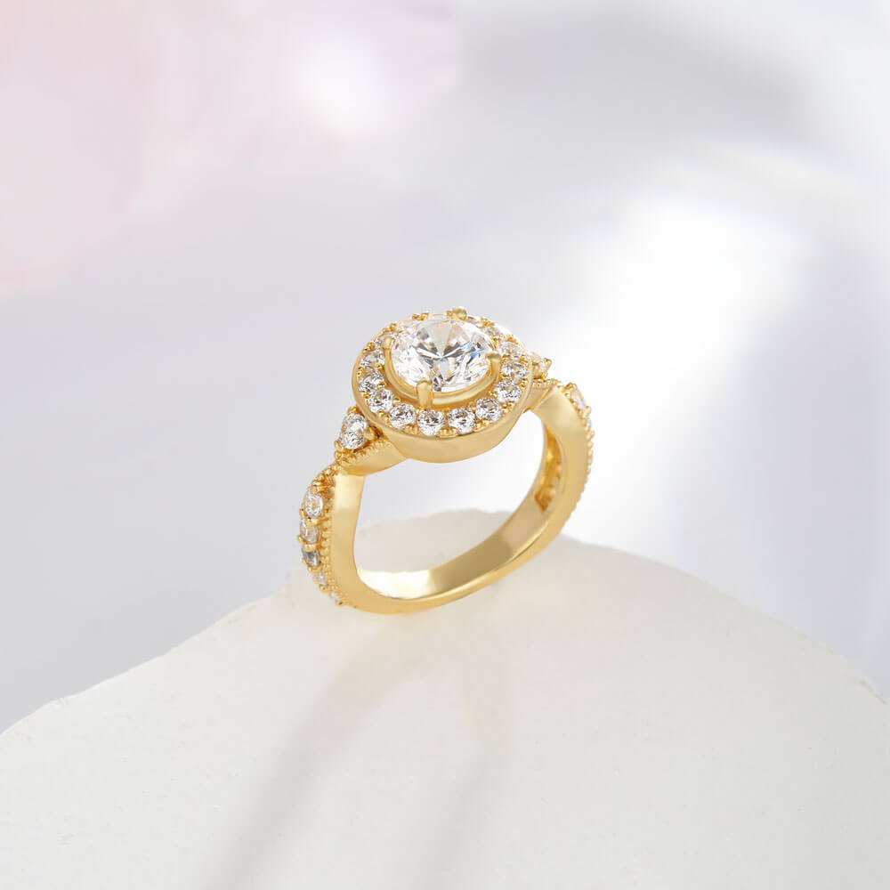 Vintage Yellow Gold Round Cut Diamond White Sterling Silver Twisted Halo Engagement Ring