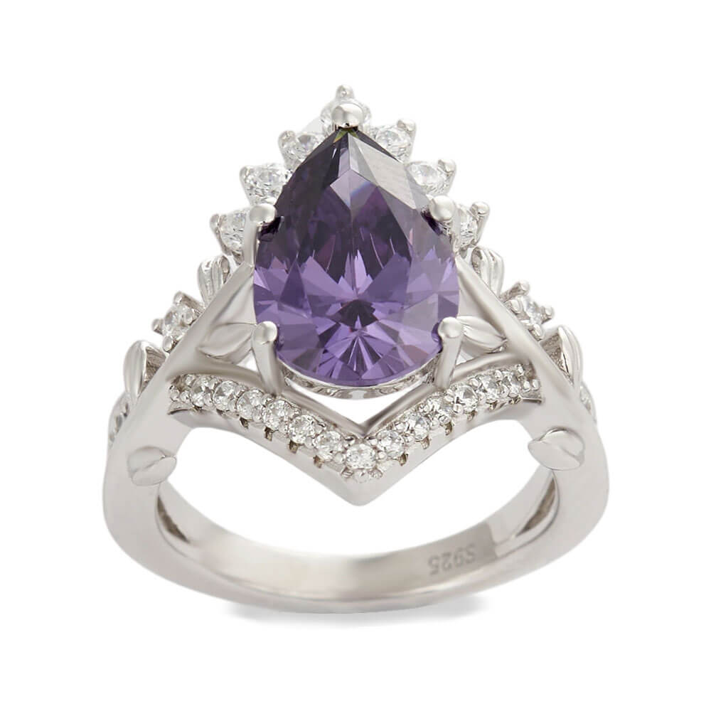  Pear Cut Amethyst Purple 925 Sterling Silver Curved Leaf Ring