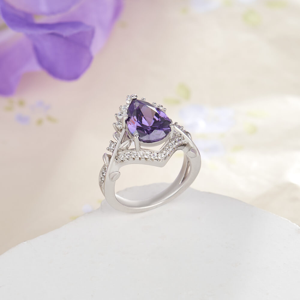  Pear Cut Amethyst Purple 925 Sterling Silver Curved Leaf Ring