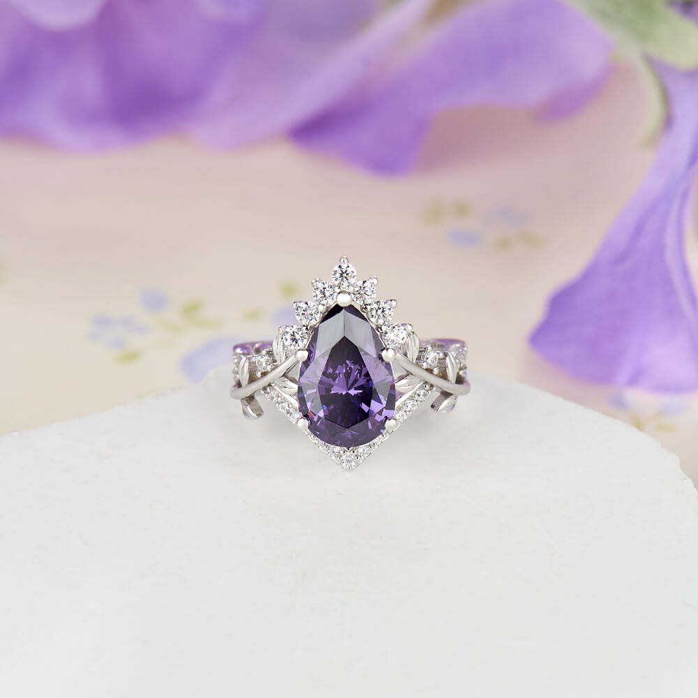 Pear Cut Amethyst Purple 925 Sterling Silver Curved Leaf Ring