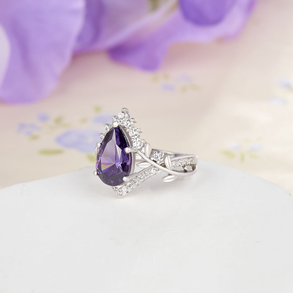 Pear Cut Amethyst Purple 925 Sterling Silver Curved Leaf Ring