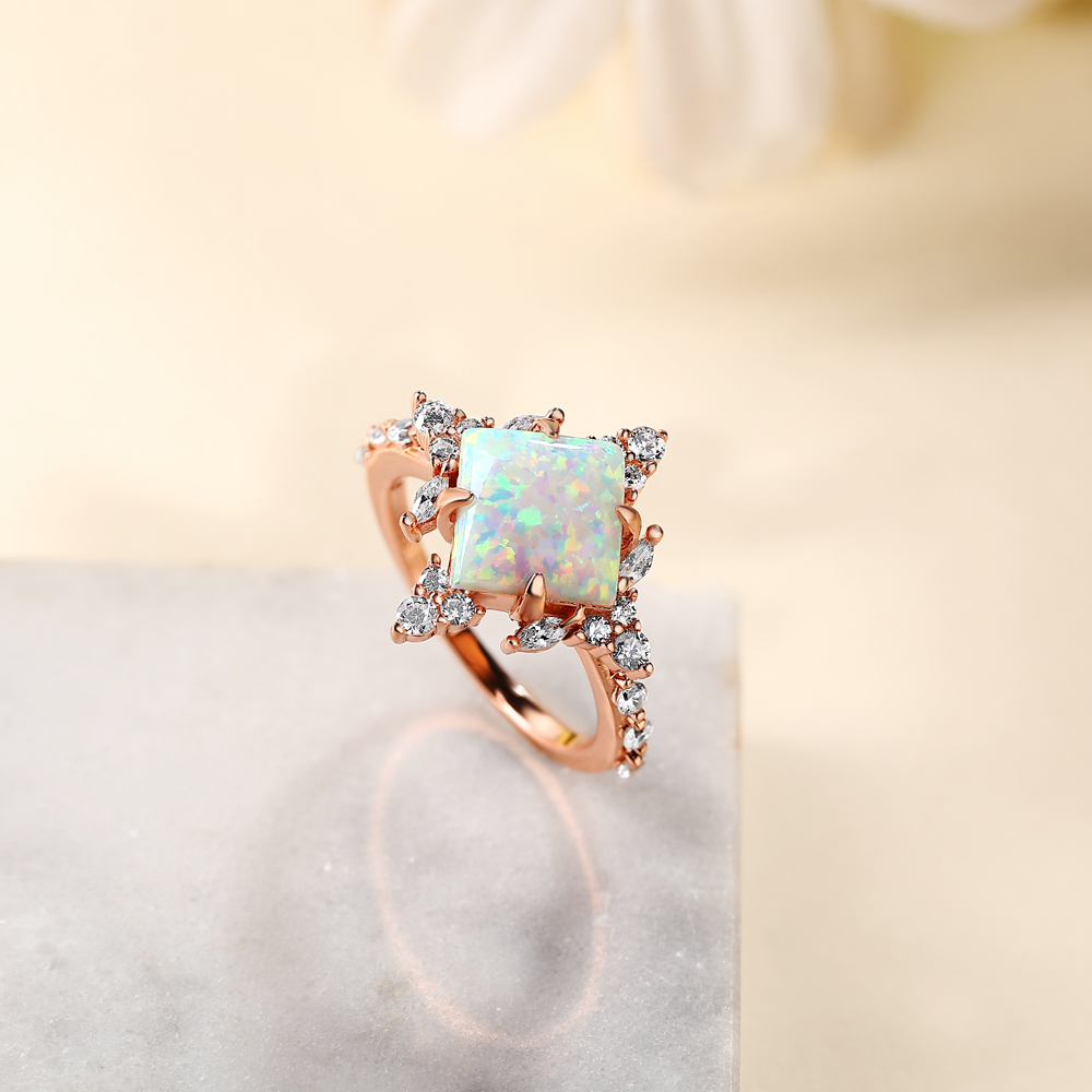Princess Cut Opal Sterling Silver Rose Gold Engagement Ring