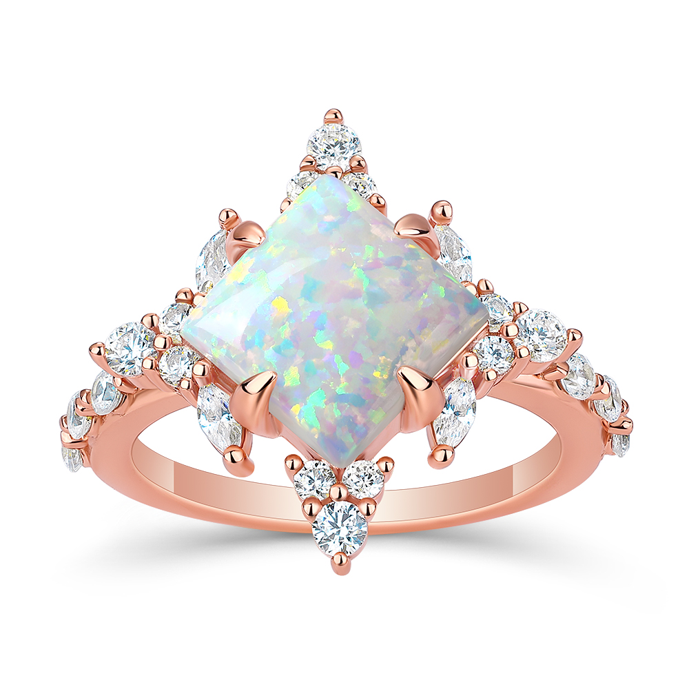 Princess Cut Opal Sterling Silver Rose Gold Engagement Ring