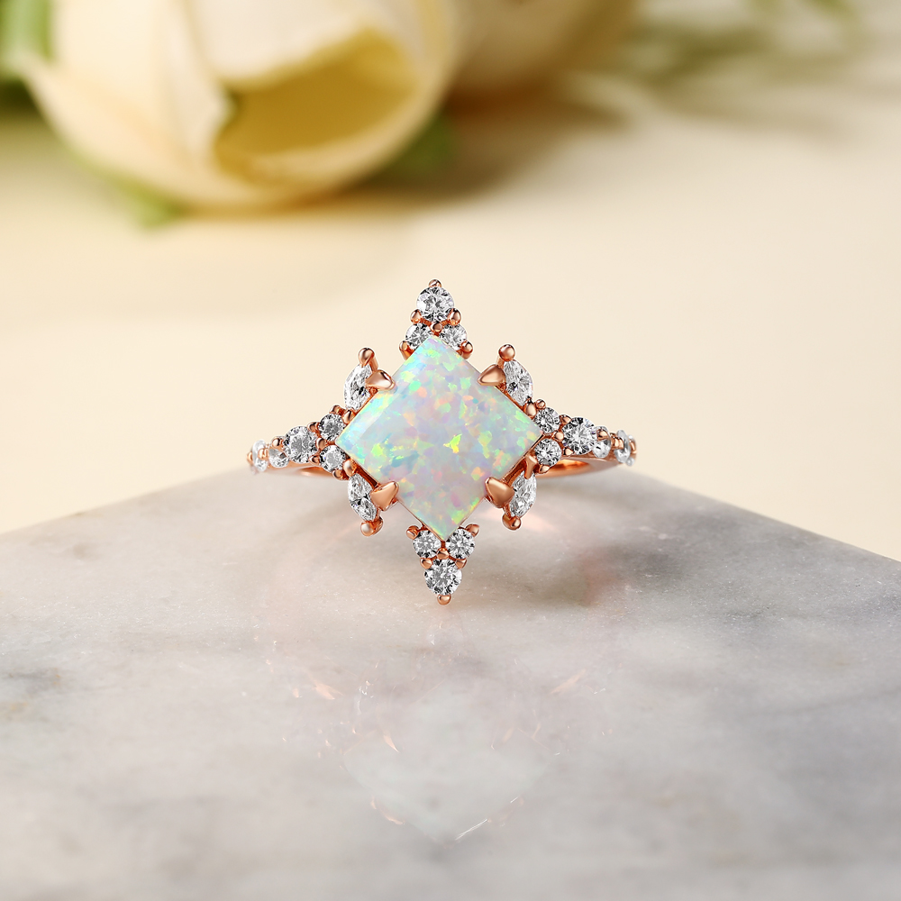 Princess Cut Opal Sterling Silver Rose Gold Engagement Ring