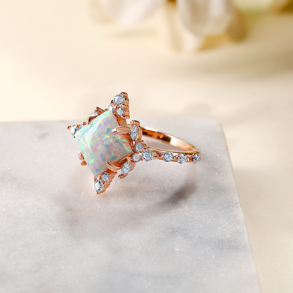 Princess Cut Opal Sterling Silver Rose Gold Engagement Ring