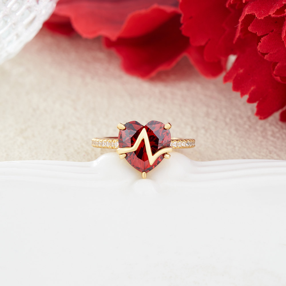 Heart Cut Ruby Red 925 Sterling Silver Heartbeat Engagement Ring