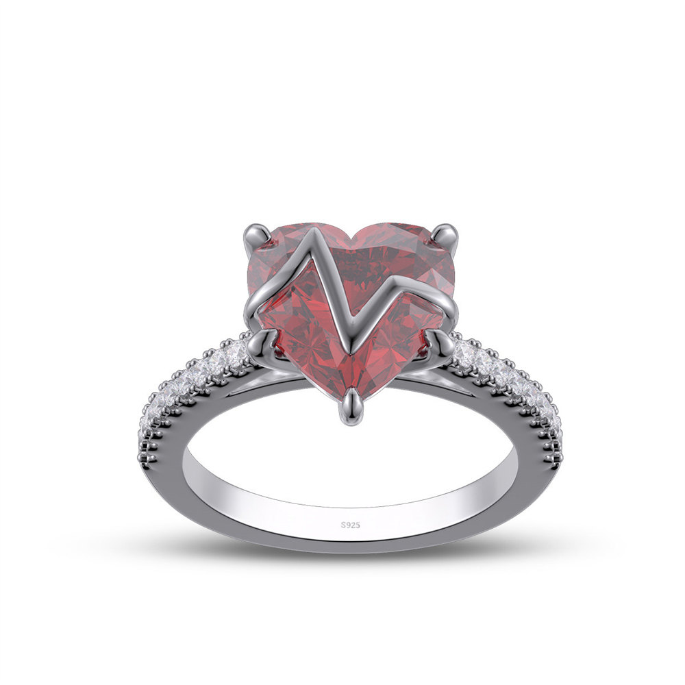 Heart Cut Ruby Red 925 Sterling Silver Heartbeat Engagement Ring