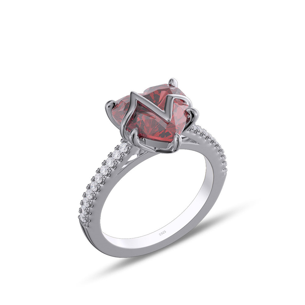 Heart Cut Ruby Red 925 Sterling Silver Heartbeat Engagement Ring