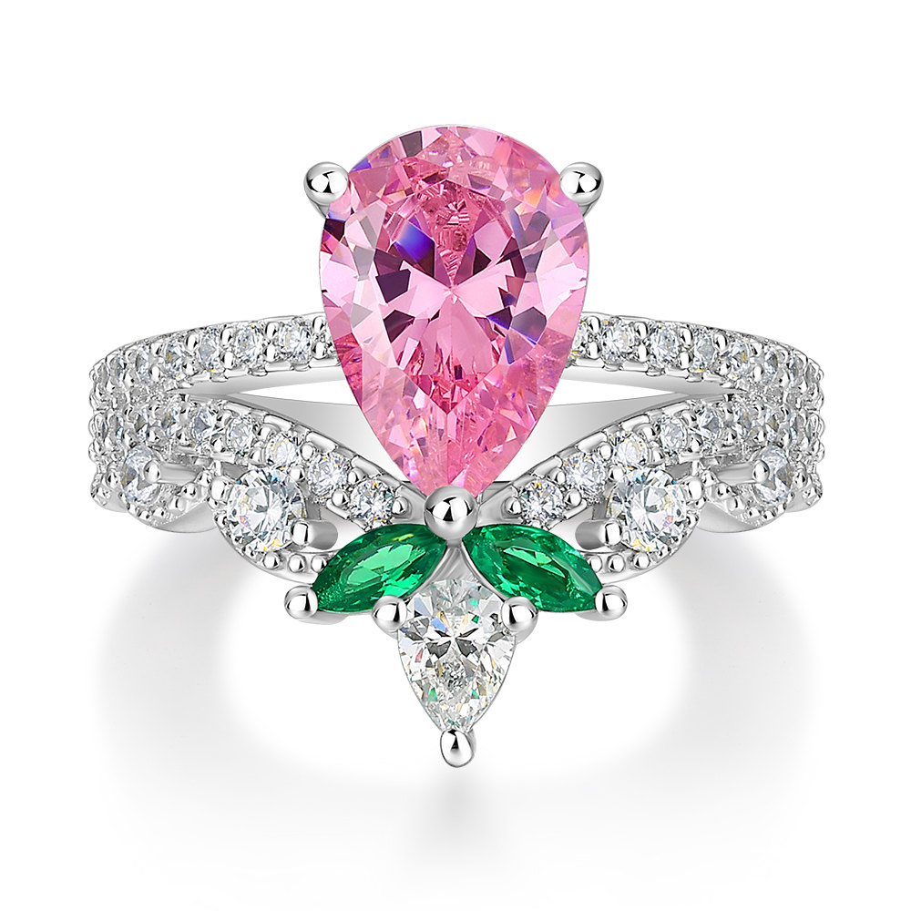 Pear Cut Fancy Pink 925 Sterling Silver Floral Engagement Ring